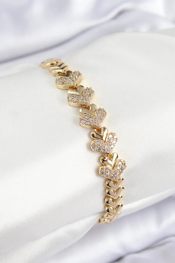 Pirinç Zirkon Taşlı Kalp Model Gold Renk Kadın Bileklik