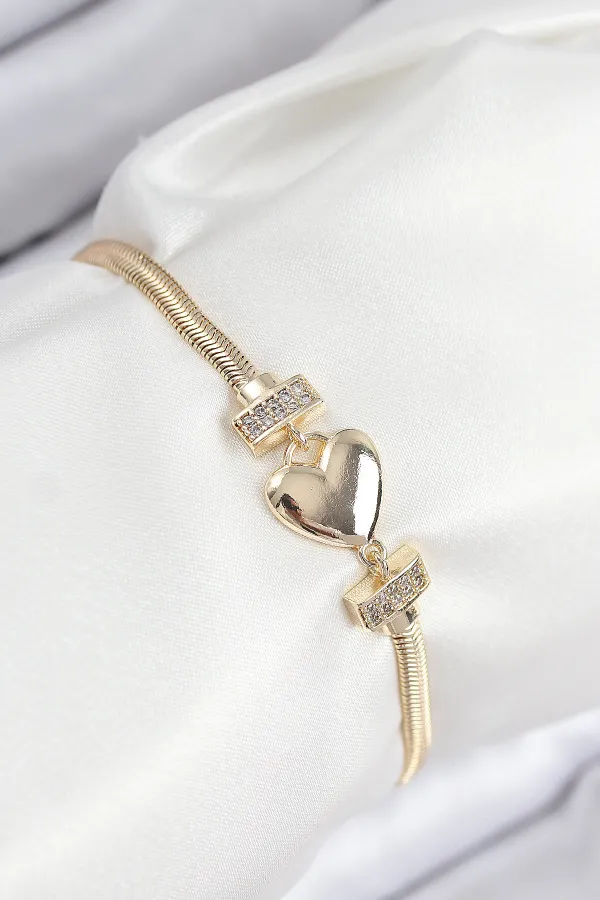 Pirinç Zirkon Taşlı Kalp Model Gold Renk Kadın Bileklik