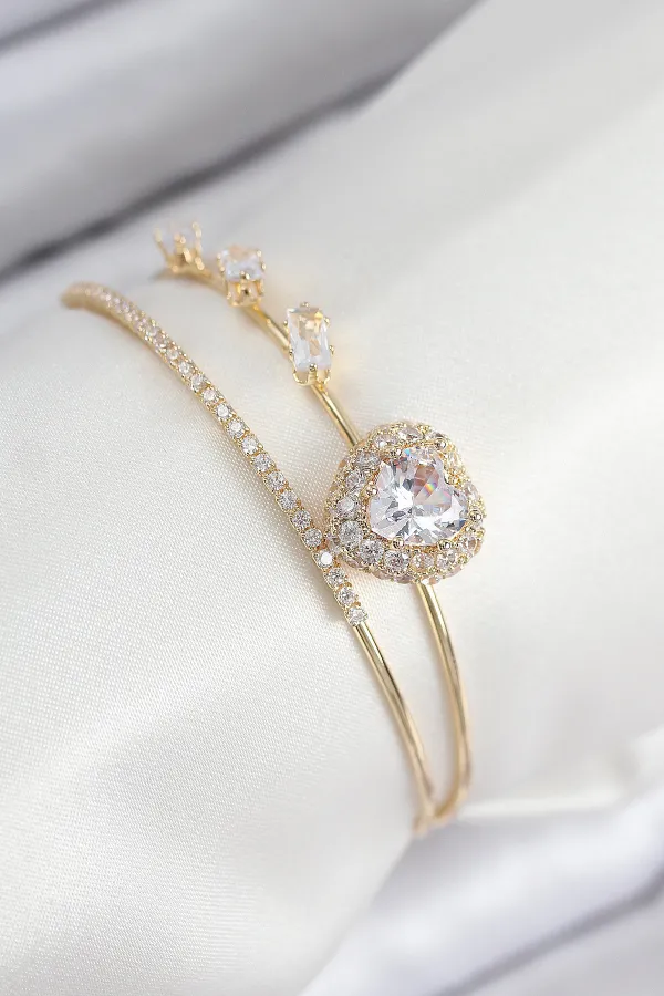 Pirinç Zirkon Taşlı Kalp Model Gold Renk Kadın Bileklik