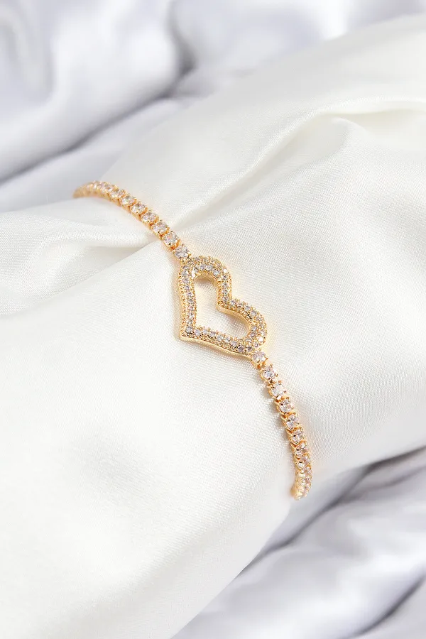 Pirinç Zirkon Taşlı Kalp Model Gümüş Renk Asansörlü Kadın Bileklik