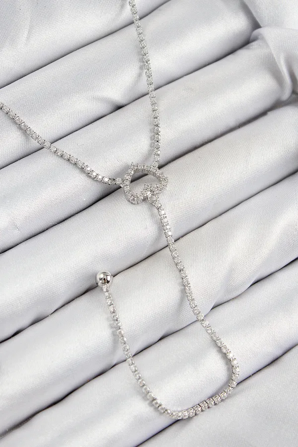 Pirinç Zirkon Taşlı Kalp Model Gümüş Renk Y Kolye