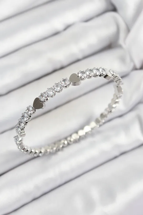 Pirinç Zirkon Taşlı Kalp Model Gümüş Renk Yaylı Kadın Bileklik