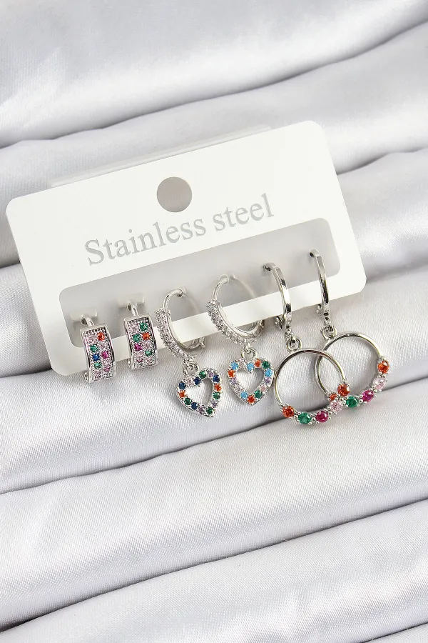 Pirinç Zirkon Taşlı Kalp Ve Halka Model Gold Renk 6'lı Set Kadın Küpe