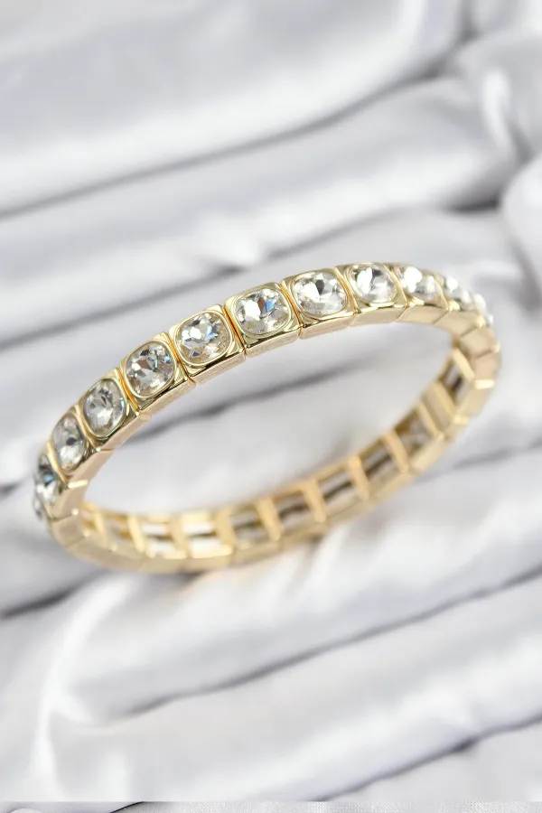 Pirinç Zirkon Taşlı Kare Model Gold Renk Lastikli Kadın Bileklik