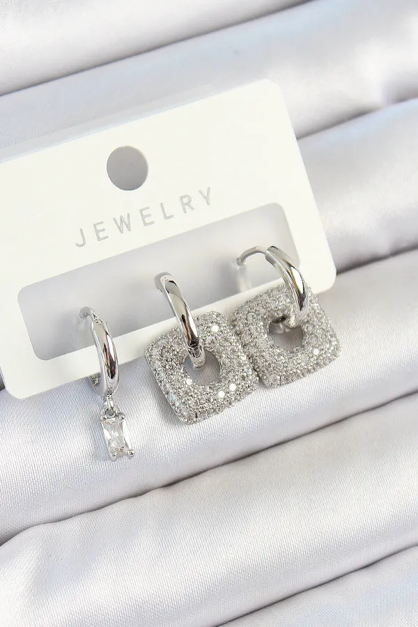 Pirinç Zirkon Taşlı Kare Model Gümüş Renk 3'lü Çift Kadın Küpe Set