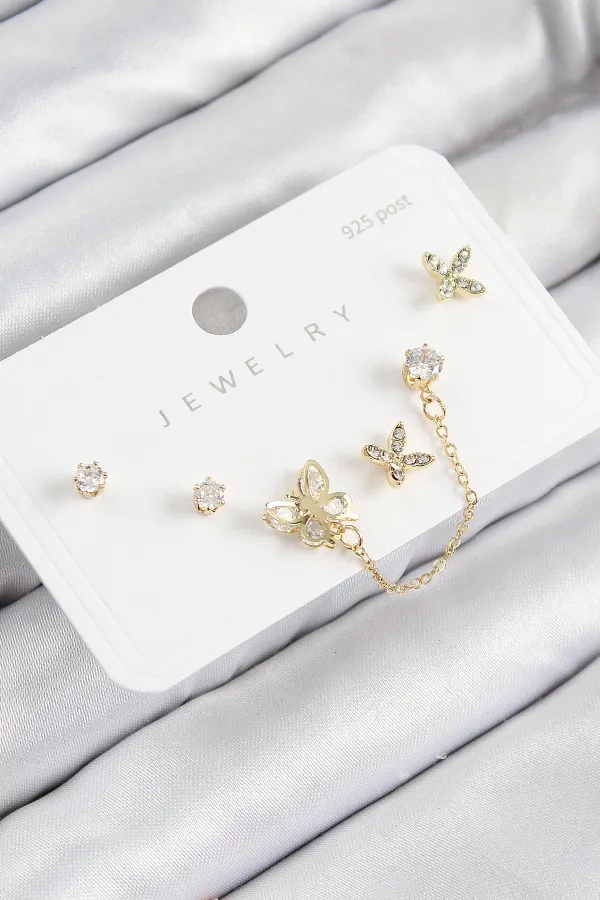 Pirinç Zirkon Taşlı Kelebek Model Gold Renk 925 Ayar Gümüş Çivi Kadın Küpe Set