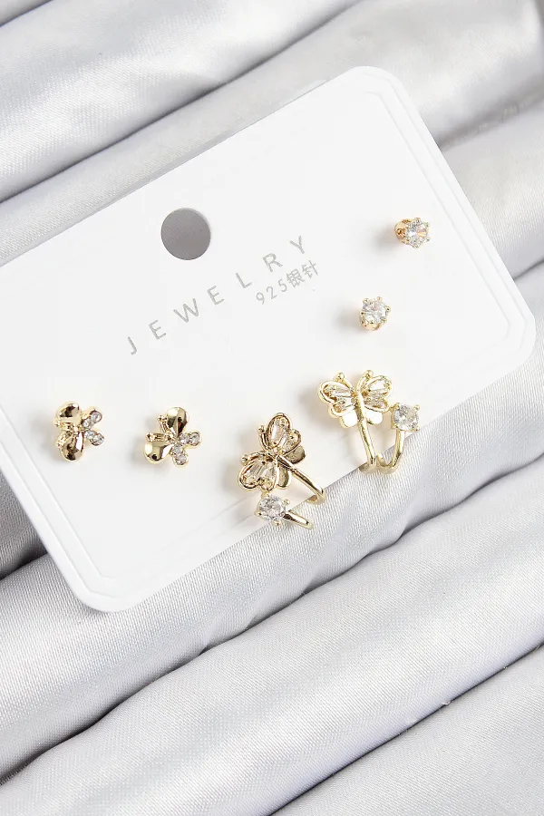 Pirinç Zirkon Taşlı Kelebek Model Gold Renk 925 Ayar Gümüş Çivi Kadın Küpe Set