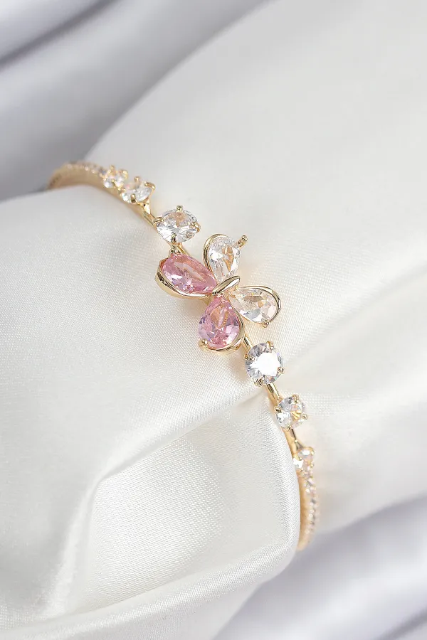 Pirinç Zirkon Taşlı Kelebek Model Gold Renk Kadın Bileklik