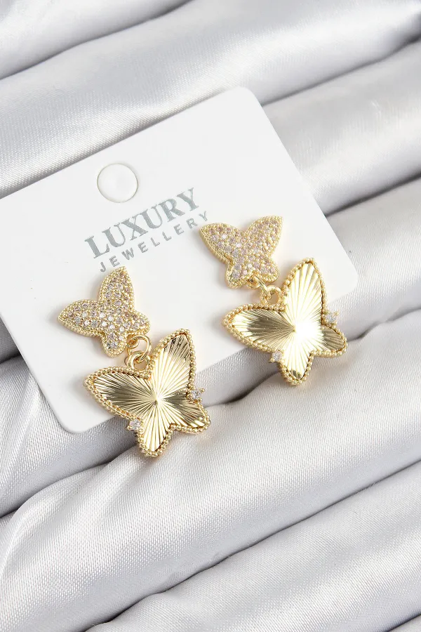 Pirinç Zirkon Taşlı Kelebek Model Gold Renk Kadın Küpe
