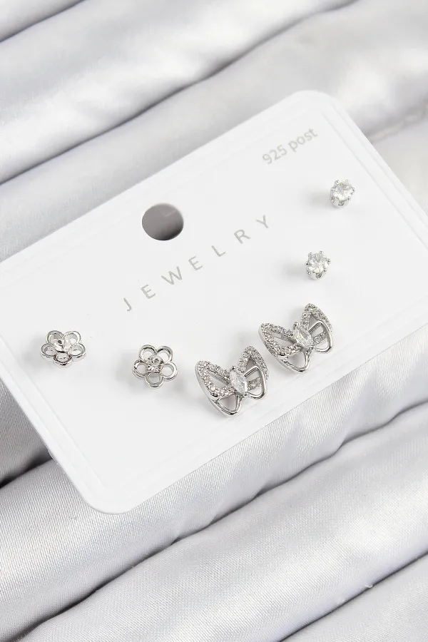 Pirinç Zirkon Taşlı Kelebek Model Gümüş Renk 925 Ayar Gümüş Çivi Kadın Küpe Set
