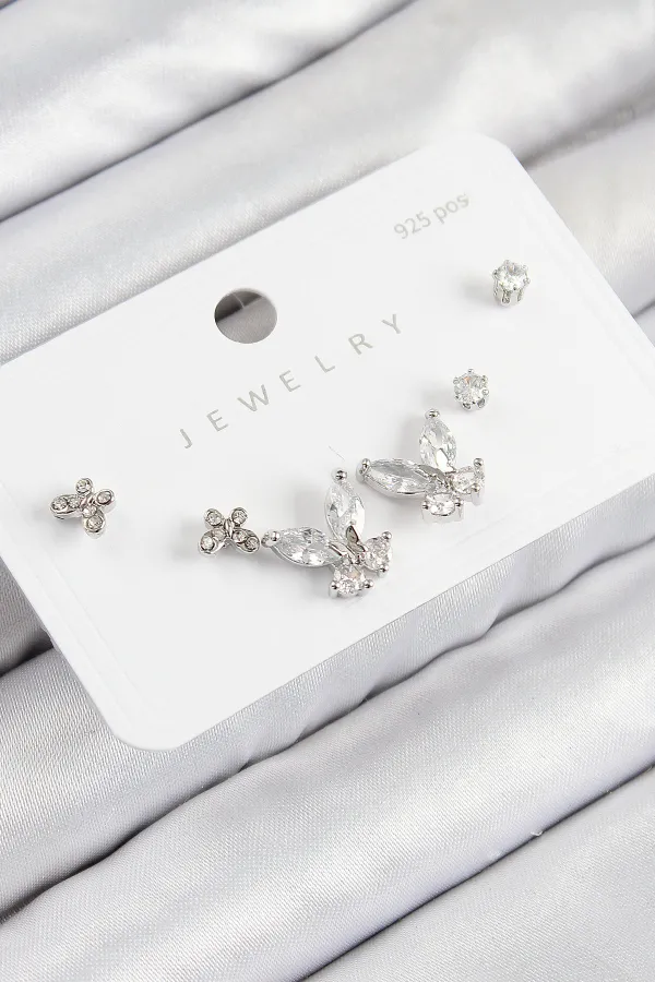 Pirinç Zirkon Taşlı Kelebek Model Gümüş Renk 925 Ayar Gümüş Çivi Kadın Küpe Set