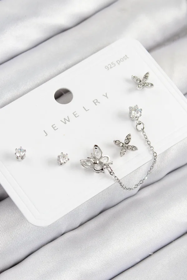 Pirinç Zirkon Taşlı Kelebek Model Gümüş Renk 925 Ayar Gümüş Çivi Kadın Küpe Set