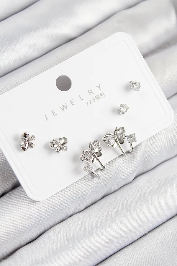 Pirinç Zirkon Taşlı Kelebek Model Gümüş Renk 925 Ayar Gümüş Çivi Kadın Küpe Set