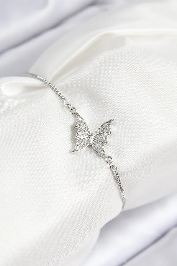 Pirinç Zirkon Taşlı Kelebek Model Gümüş Renk Asansörlü Kadın Bileklik