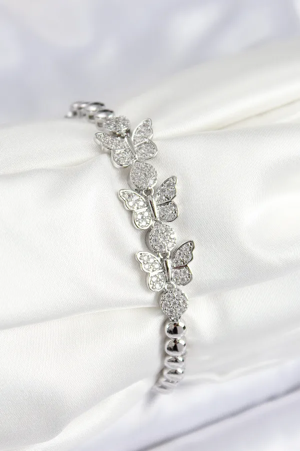 Pirinç Zirkon Taşlı Kelebek Model Gümüş Renk Kadın Bileklik