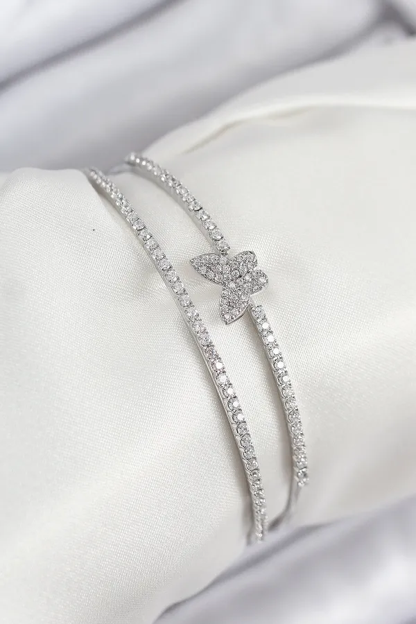 Pirinç Zirkon Taşlı Kelebek Model Gümüş Renk Kadın Bileklik