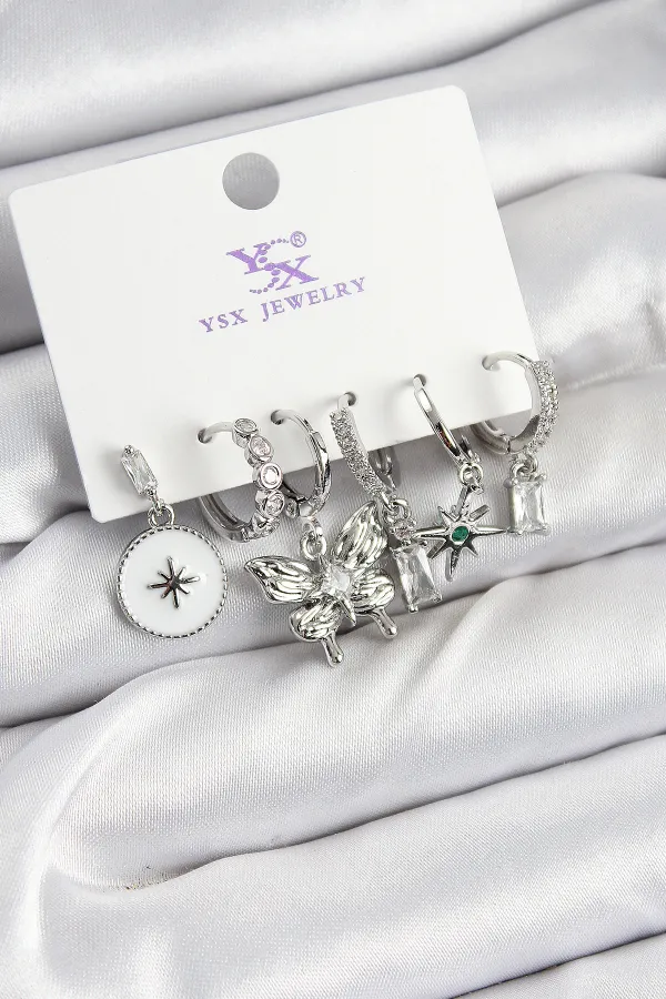 Pirinç Zİrkon Taşlı Kelebek ve Yıldız Model Gümüş Renk 3'lü Çift Kadın Küpe