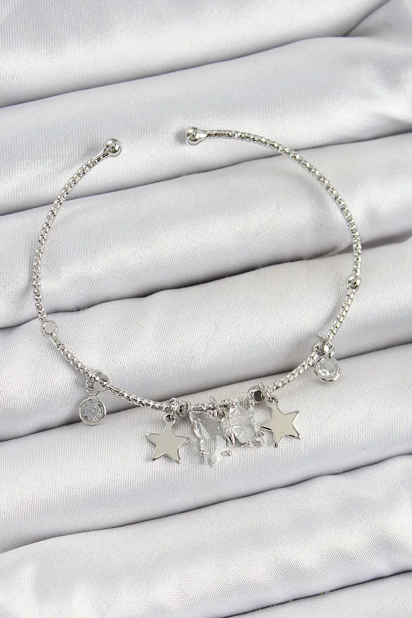 Pirinç Zirkon Taşlı Kelebek Ve Yıldız Model Gümüş Renk Charm Bileklik