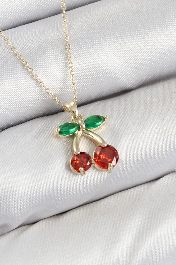 Pirinç Zirkon Taşlı Kiraz Model Gold Renk Kadın Kolye