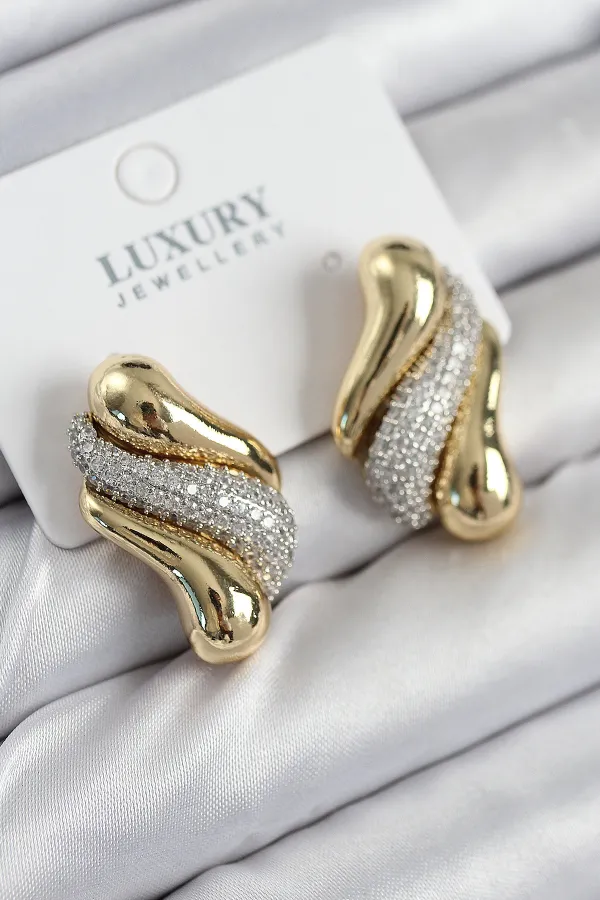 Pirinç Zirkon Taşlı Kıvrım Model Gold Renk Kadın Küpe