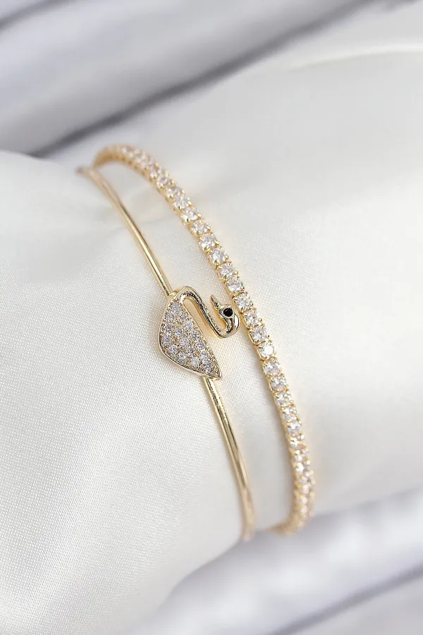 Pirinç Zirkon Taşlı Kuğu Model Gold Renk Kadın Bileklik