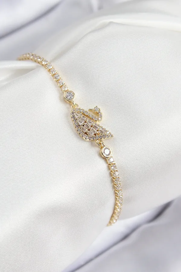 Pirinç Zirkon Taşlı Kuğu Model Gold Renk Kadın Bileklik