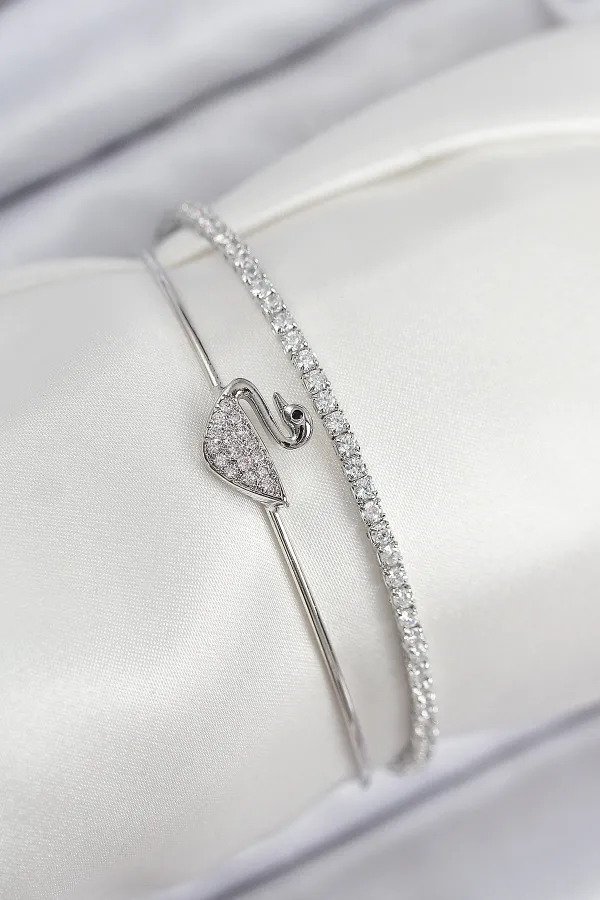 Pirinç Zirkon Taşlı Kuğu Model Gümüş Renk Kadın Bileklik