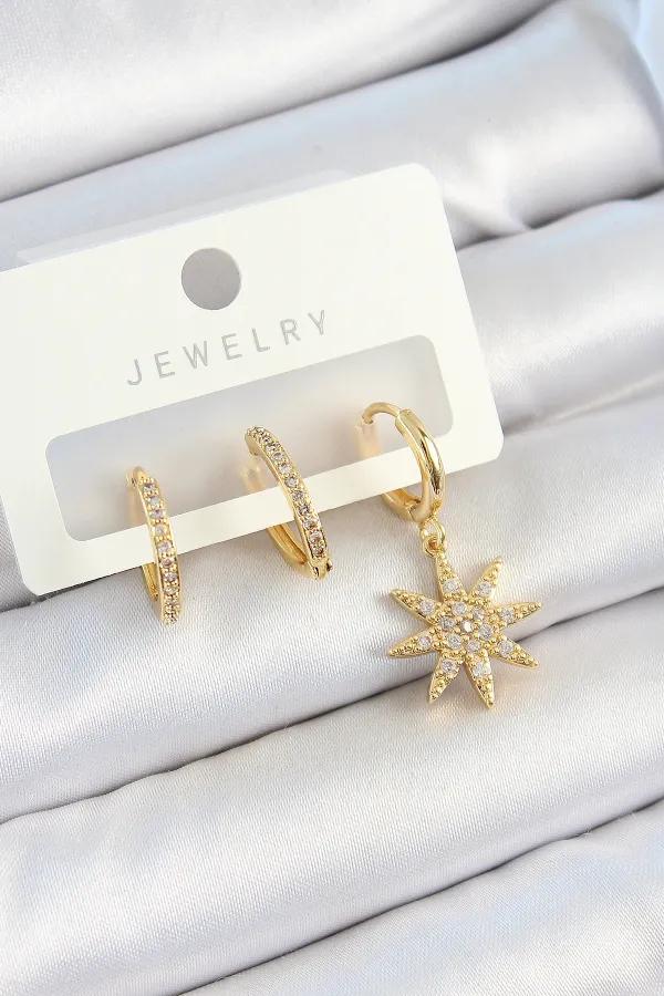 Pirinç Zirkon Taşlı Kutup Yıldızı Model Gold Renk 3'lü Çift Kadın Küpe Set