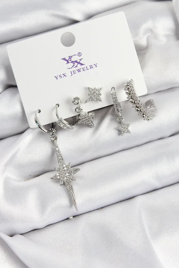 Pirinç Zİrkon Taşlı Kutup Yıldızı Model Gümüş Renk 3'lü Çift Kadın Küpe