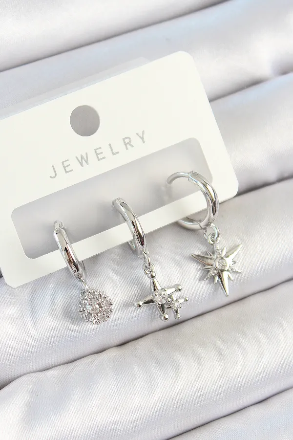 Pirinç Zirkon Taşlı Kutup Yıldızı Model Gümüş Renk 3'lü Çift Kadın Küpe Set