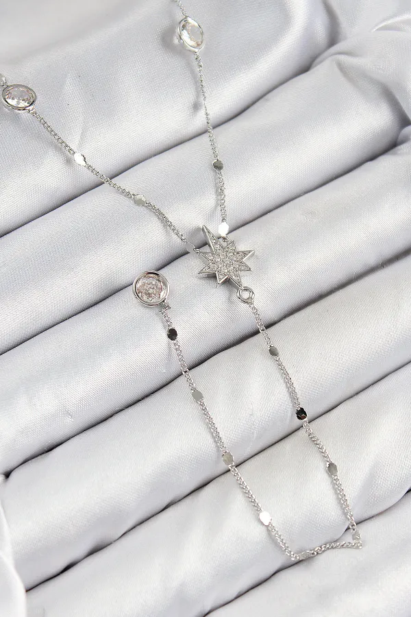 Pirinç Zirkon Taşlı Kutup Yıldızı Model Gümüş Renk Y Kolye