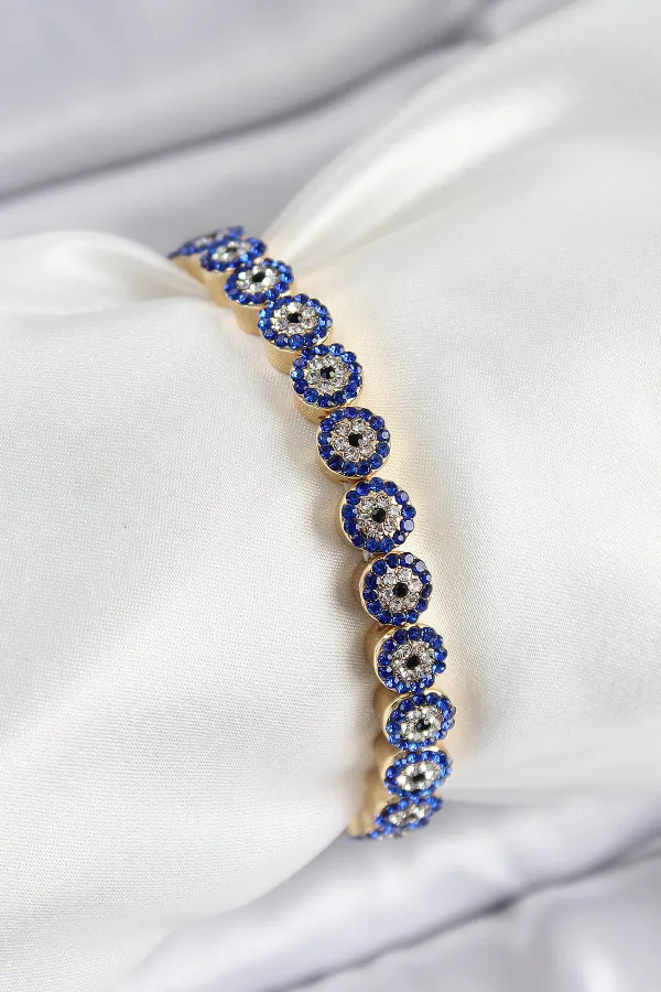 Pirinç Zirkon Taşlı Lacivert Nazar Model Gold Renk Lastikli Kadın Bileklik