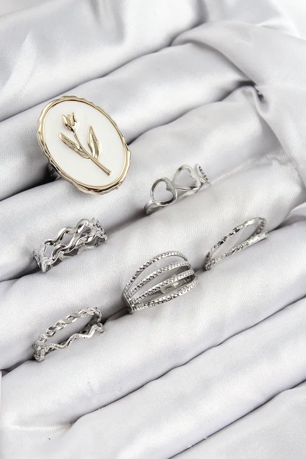 Pirinç Zirkon Taşlı Lale Model Gümüş Renk Kadın Yüzük Kombin Set