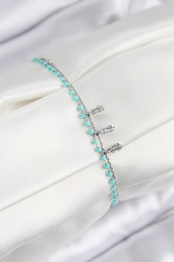 Pirinç Zirkon Taşlı Mavi Boncuklu Model Gümüş Renk Kadın Bileklik