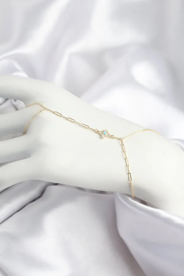 Pirinç Zirkon Taşlı Mavi Boncuklu Yonca Model Gold Renk Şahmeran