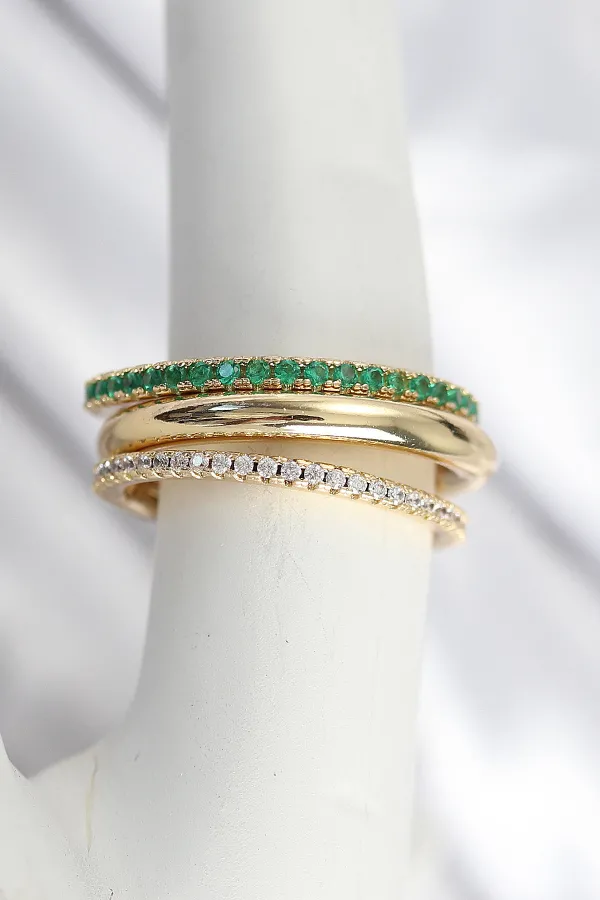 Pirinç Zirkon Taşlı Mix Renk 3'Lü Kadın Yüzük