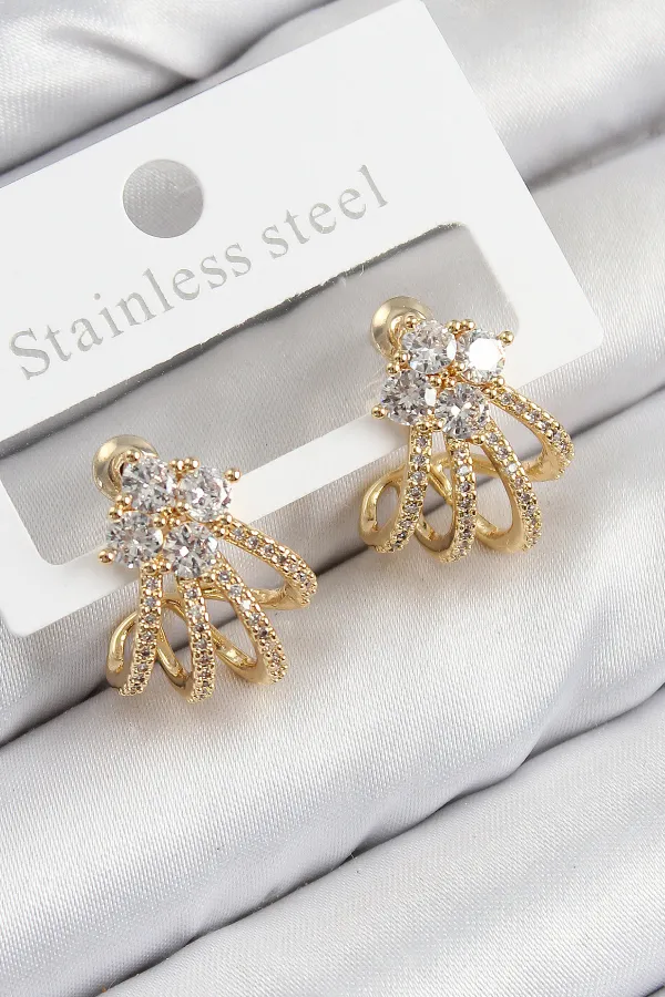 Pirinç Zirkon Taşlı Model Gold Renk Kadın Küpe