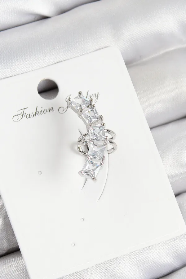 Pirinç Zirkon Taşlı Model Gümüş Renk Sağ Kıkırdak Küpe