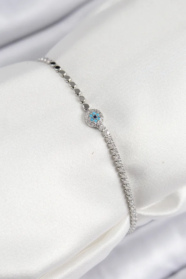 Pirinç Zirkon Taşlı Nazar Model Ezme Zincir Gümüş Renk Kadın Bileklik