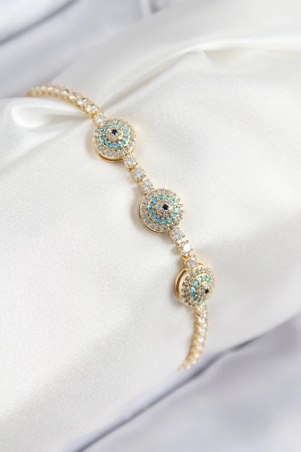Pirinç Zirkon Taşlı Nazar Model Gold Renk Kadın Bileklik