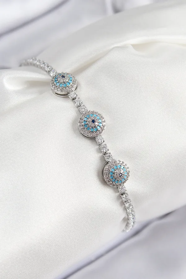 Pirinç Zirkon Taşlı Nazar Model Gümüş Renk Kadın Bileklik