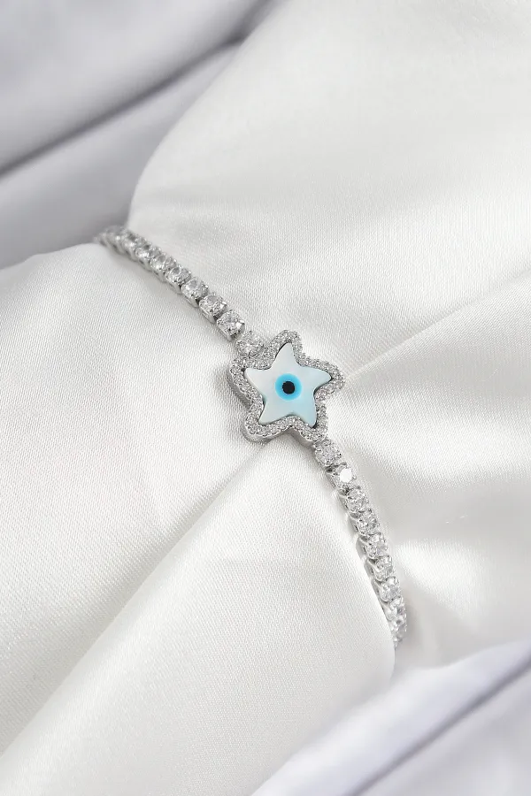 Pirinç Zirkon Taşlı Nazar Yıldız Model Gümüş Renk Asansörlü Kadın Bileklik