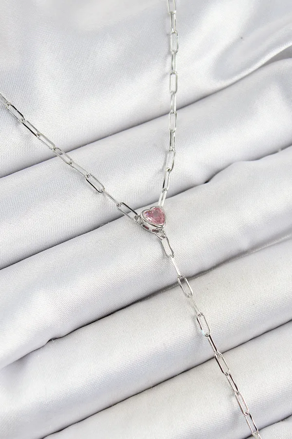 Pirinç Zirkon Taşlı Pembe Kalp Figürlü Y Model Gümüş Renk Kadın Kolye