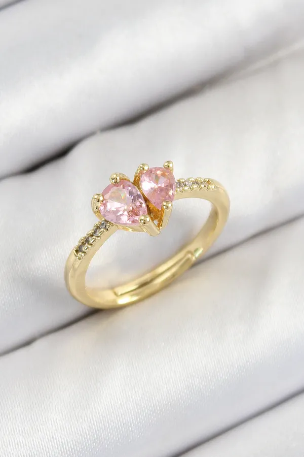 Pirinç Zirkon Taşlı Pembe Kalp Model Gold Renk Kadın Yüzük