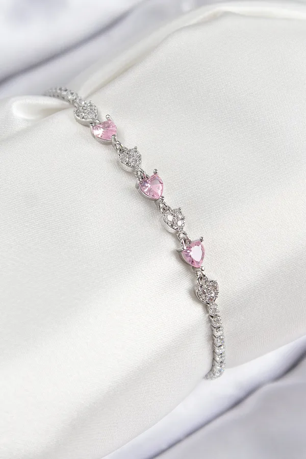 Pirinç Zirkon Taşlı Pembe Kalp Model Gümüş Renk Kadın Bileklik