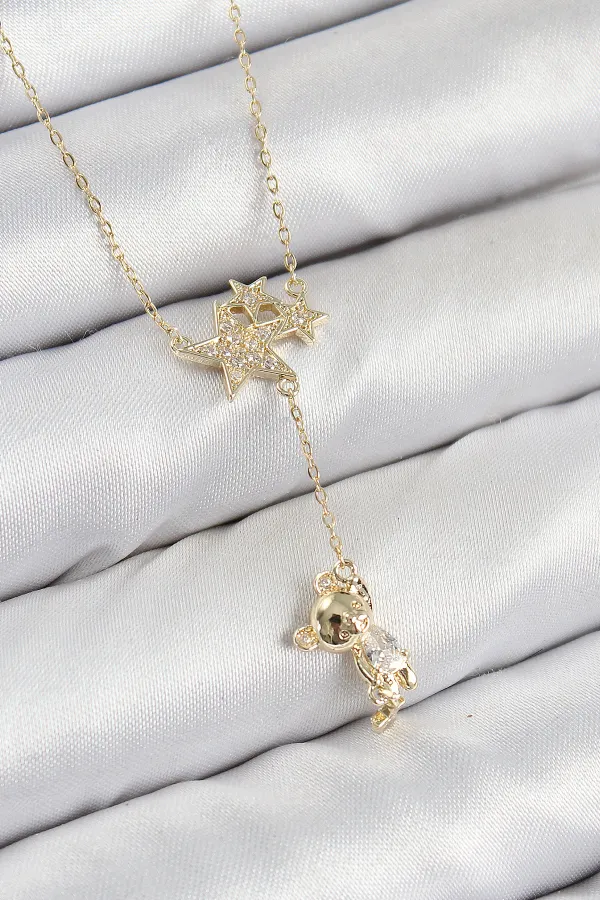 Pirinç Zirkon Taşlı Sallantılı Ayıcıklı Yıldız Model Gold Renk Kadın Kolye