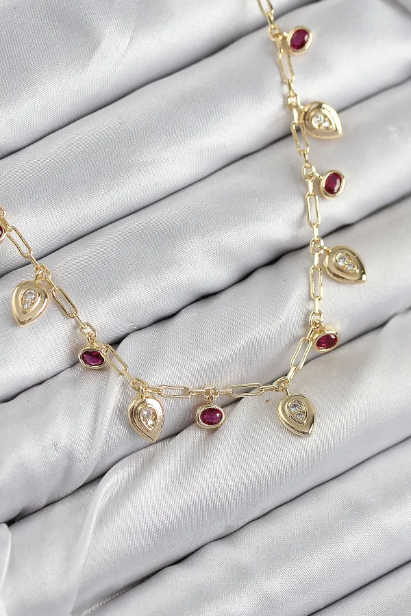 Pirinç Zirkon Taşlı Sallantılı Damla Model Gold Renk Kadın Kolye