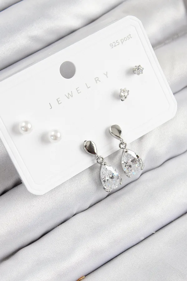 Pirinç Zirkon Taşlı Sallantılı Damla Model Gümüş Renk 925 Ayar Gümüş Çivi Kadın Küpe Set