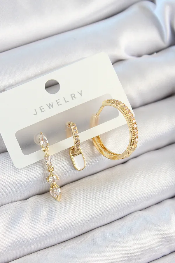 Pirinç Zirkon Taşlı Sallantılı Model Gold Renk 3'lü Çift Kadın Küpe Set