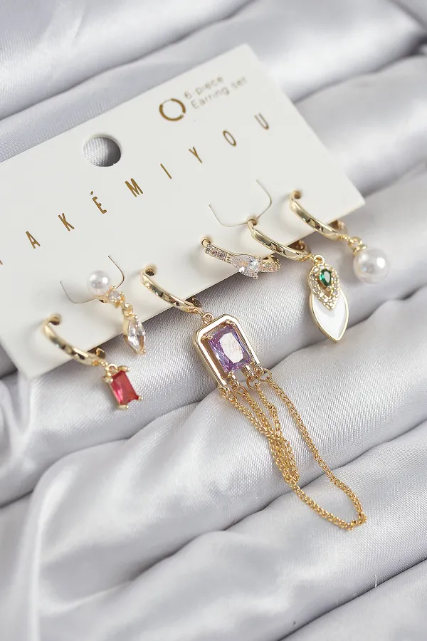 Pirinç Zirkon Taşlı Sallantılı Ve İncili Gold Renk 6'lı Küpe Set